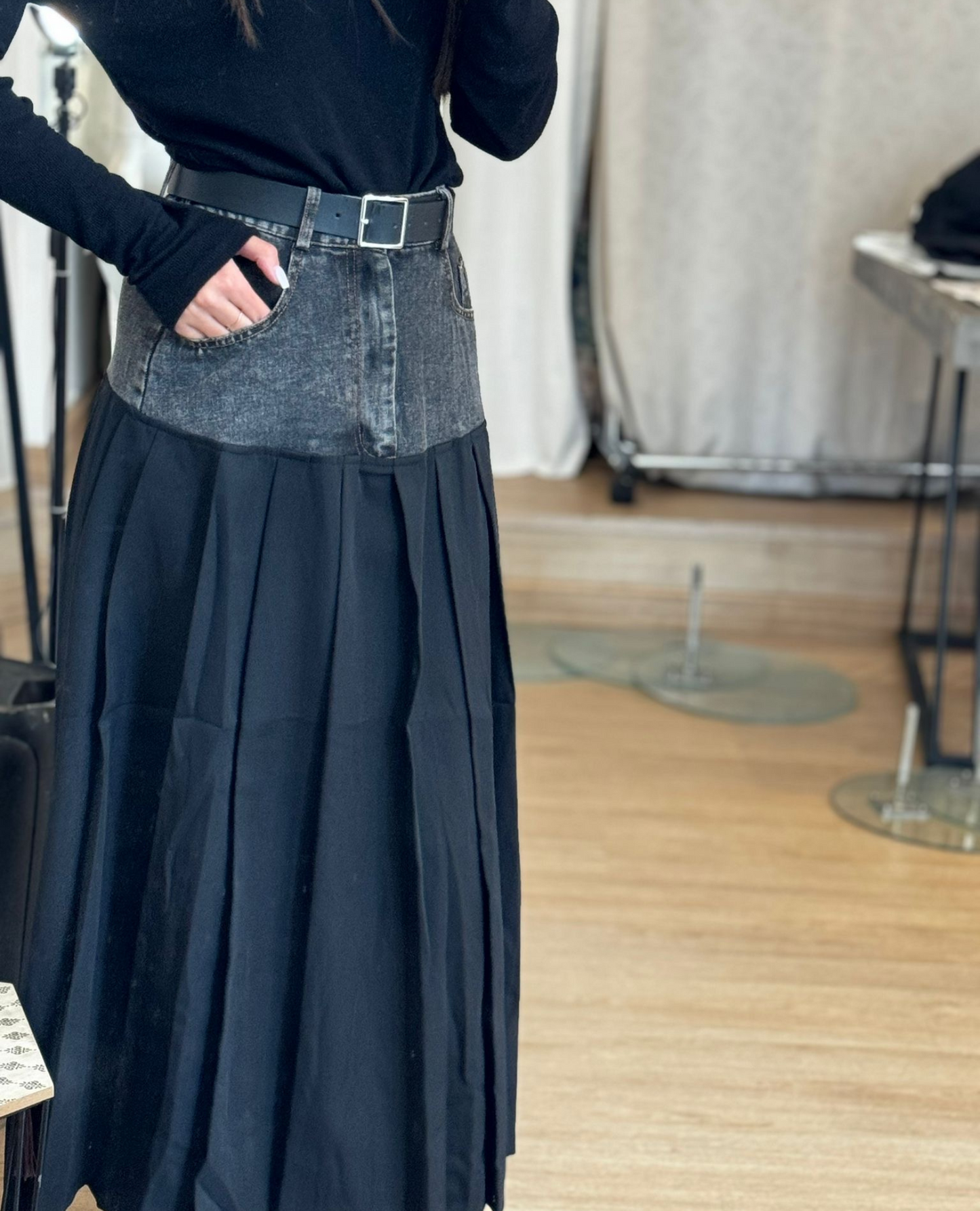 Jupe longue fusion denim et plissé