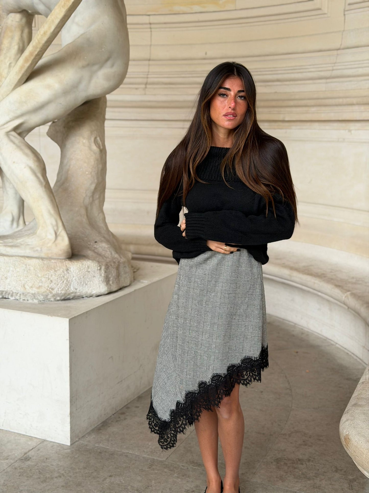 Jupe asymétrique à carreaux dentelle