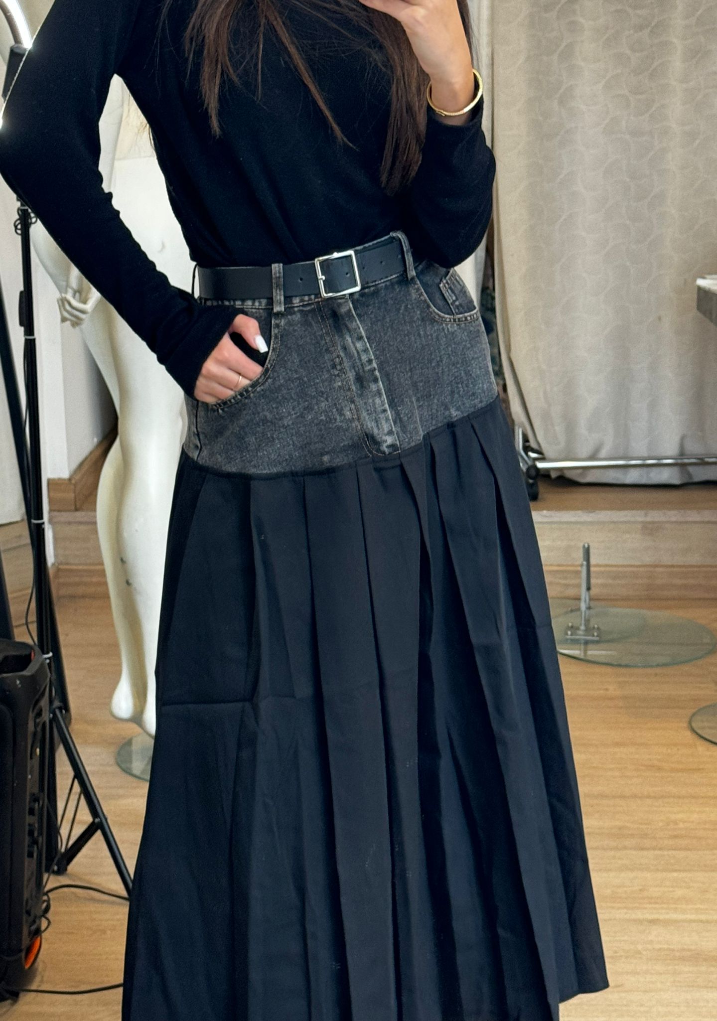 Jupe longue fusion denim et plissé