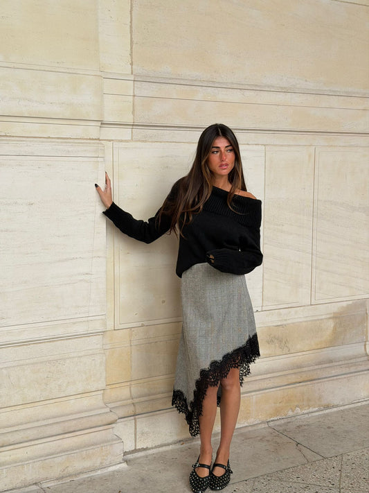 Jupe asymétrique à carreaux dentelle