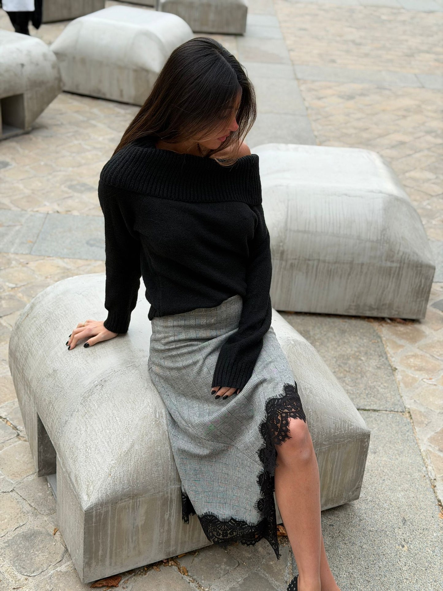 Jupe asymétrique à carreaux dentelle