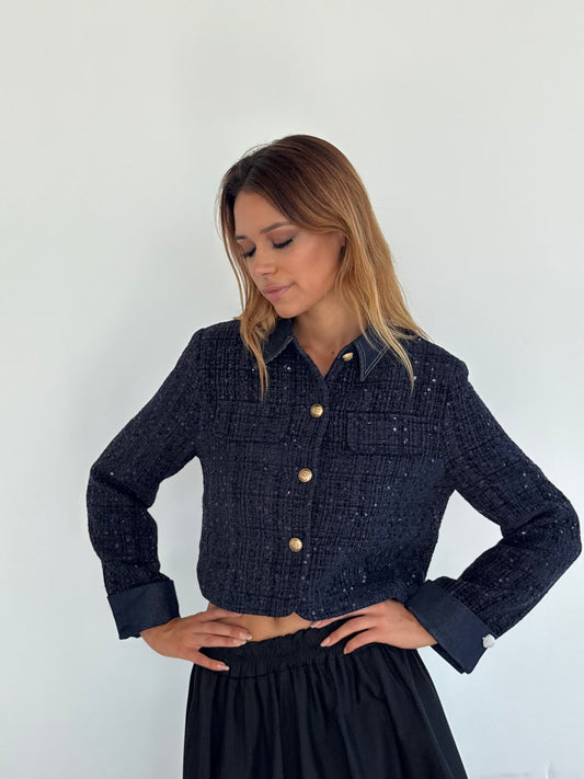 Veste en tweed pailletée à col en jean